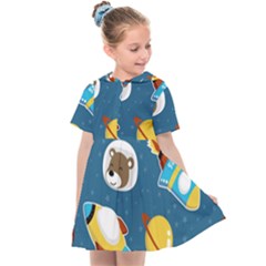 Seamless-pattern-vector-with-spacecraft-funny-animals-astronaut Kids  Sailor Dress