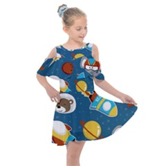 Seamless-pattern-vector-with-spacecraft-funny-animals-astronaut Kids  Shoulder Cutout Chiffon Dress