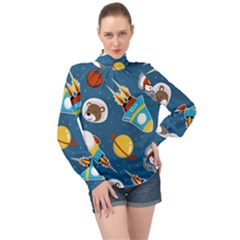 Seamless-pattern-vector-with-spacecraft-funny-animals-astronaut High Neck Long Sleeve Chiffon Top by Jancukart