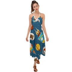 Seamless-pattern-vector-with-spacecraft-funny-animals-astronaut Halter Tie Back Dress 