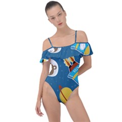 Seamless-pattern-vector-with-spacecraft-funny-animals-astronaut Frill Detail One Piece Swimsuit by Jancukart