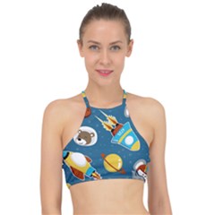 Seamless-pattern-vector-with-spacecraft-funny-animals-astronaut Racer Front Bikini Top by Jancukart