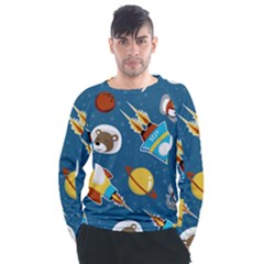 Seamless-pattern-vector-with-spacecraft-funny-animals-astronaut Men s Long Sleeve Raglan Tee