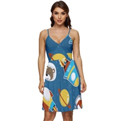 Seamless-pattern-vector-with-spacecraft-funny-animals-astronaut V-neck Pocket Summer Dress 