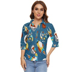 Seamless-pattern-vector-with-spacecraft-funny-animals-astronaut Women s Quarter Sleeve Pocket Shirt