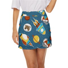 Seamless-pattern-vector-with-spacecraft-funny-animals-astronaut Mini Front Wrap Skirt by Jancukart