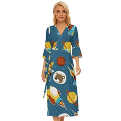 Seamless-pattern-vector-with-spacecraft-funny-animals-astronaut Midsummer Wrap Dress by Jancukart