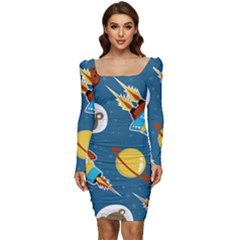 Seamless-pattern-vector-with-spacecraft-funny-animals-astronaut Women Long Sleeve Ruched Stretch Jersey Dress by Jancukart