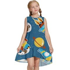 Seamless-pattern-vector-with-spacecraft-funny-animals-astronaut Kids  Frill Swing Dress by Jancukart