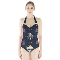 Floral-bugs-seamless-pattern Halter Swimsuit