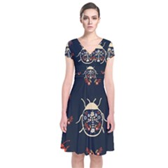 Floral-bugs-seamless-pattern Short Sleeve Front Wrap Dress