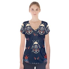 Floral-bugs-seamless-pattern Short Sleeve Front Detail Top