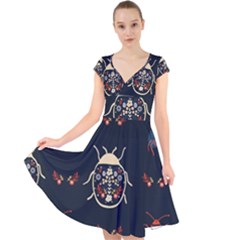 Floral-bugs-seamless-pattern Cap Sleeve Front Wrap Midi Dress