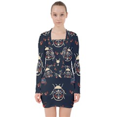 Floral-bugs-seamless-pattern V-neck Bodycon Long Sleeve Dress