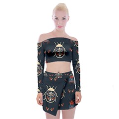 Floral-bugs-seamless-pattern Off Shoulder Top With Mini Skirt Set