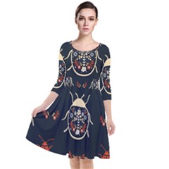 Floral-bugs-seamless-pattern Quarter Sleeve Waist Band Dress