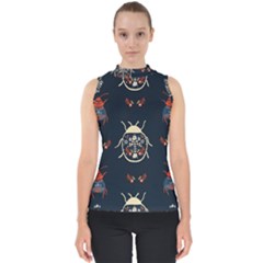 Floral-bugs-seamless-pattern Mock Neck Shell Top