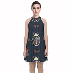 Floral-bugs-seamless-pattern Velvet Halter Neckline Dress 