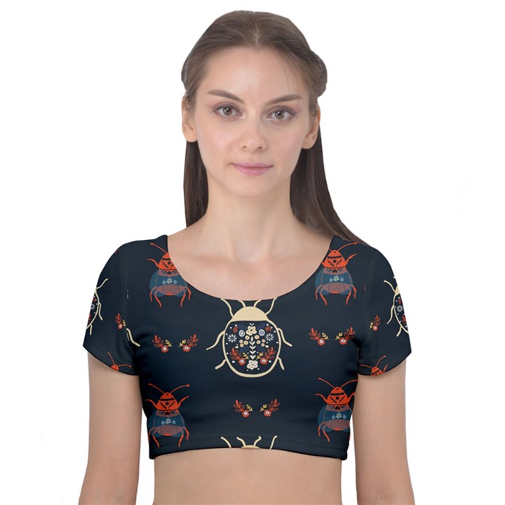 Floral-bugs-seamless-pattern Velvet Short Sleeve Crop Top 