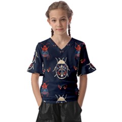 Floral-bugs-seamless-pattern Kids  V-neck Horn Sleeve Blouse