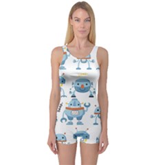 Seamless Pattern With Funny Robot Cartoon One Piece Boyleg Swimsuit by Jancukart