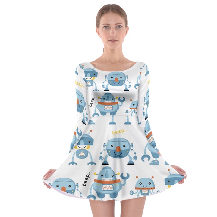 Seamless pattern with funny robot cartoon Long Sleeve Skater Dress