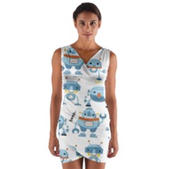 Seamless Pattern With Funny Robot Cartoon Wrap Front Bodycon Dress