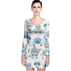 Seamless Pattern With Funny Robot Cartoon Long Sleeve Velvet Bodycon Dress by Jancukart