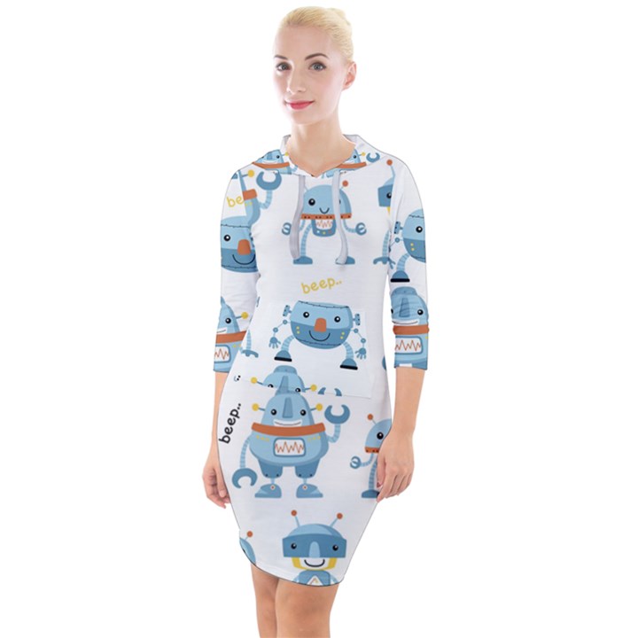 Seamless pattern with funny robot cartoon Quarter Sleeve Hood Bodycon Dress