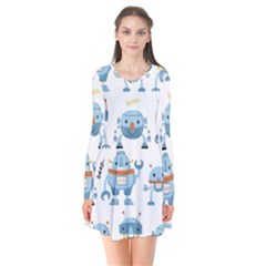 Seamless Pattern With Funny Robot Cartoon Long Sleeve V-neck Flare Dress by Jancukart