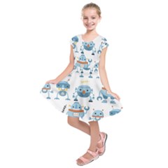 Seamless Pattern With Funny Robot Cartoon Kids  Short Sleeve Dress