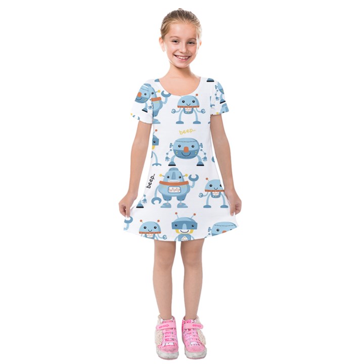 Seamless pattern with funny robot cartoon Kids  Short Sleeve Velvet Dress