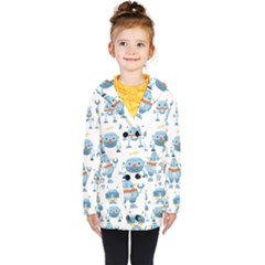 Seamless Pattern With Funny Robot Cartoon Kids  Double Breasted Button Coat