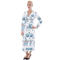 Seamless Pattern With Funny Robot Cartoon Velvet Maxi Wrap Dress