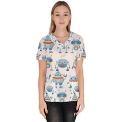 Seamless Pattern With Funny Robot Cartoon Women s V-neck Scrub Top