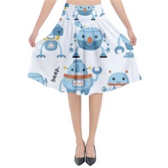 Seamless Pattern With Funny Robot Cartoon Flared Midi Skirt