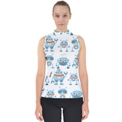 Seamless Pattern With Funny Robot Cartoon Mock Neck Shell Top by Jancukart