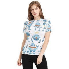 Seamless Pattern With Funny Robot Cartoon Women s Short Sleeve Rash Guard by Jancukart