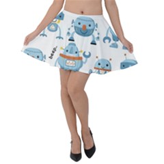 Seamless Pattern With Funny Robot Cartoon Velvet Skater Skirt