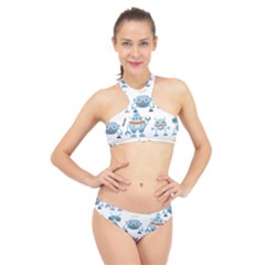 Seamless Pattern With Funny Robot Cartoon High Neck Bikini Set by Jancukart