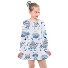 Seamless Pattern With Funny Robot Cartoon Kids  Long Sleeve Dress by Jancukart