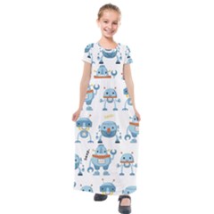 Seamless Pattern With Funny Robot Cartoon Kids  Short Sleeve Maxi Dress by Jancukart