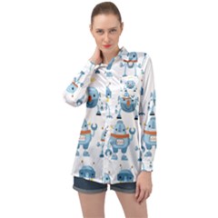 Seamless Pattern With Funny Robot Cartoon Long Sleeve Satin Shirt