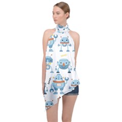 Seamless Pattern With Funny Robot Cartoon Halter Asymmetric Satin Top by Jancukart