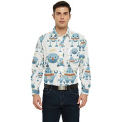 Seamless Pattern With Funny Robot Cartoon Men s Long Sleeve Pocket Shirt 