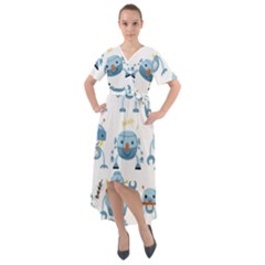 Seamless Pattern With Funny Robot Cartoon Front Wrap High Low Dress