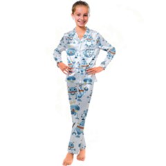 Seamless Pattern With Funny Robot Cartoon Kid s Satin Long Sleeve Pajamas Set