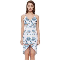 Seamless Pattern With Funny Robot Cartoon Wrap Frill Dress