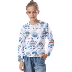 Seamless Pattern With Funny Robot Cartoon Kids  Long Sleeve Tee With Frill 