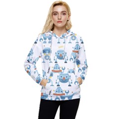 Seamless Pattern With Funny Robot Cartoon Women s Lightweight Drawstring Hoodie by Jancukart